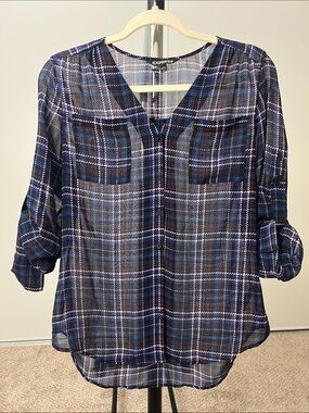 Express Women's Navy and White Plaid Sheer V-Neck Blouse